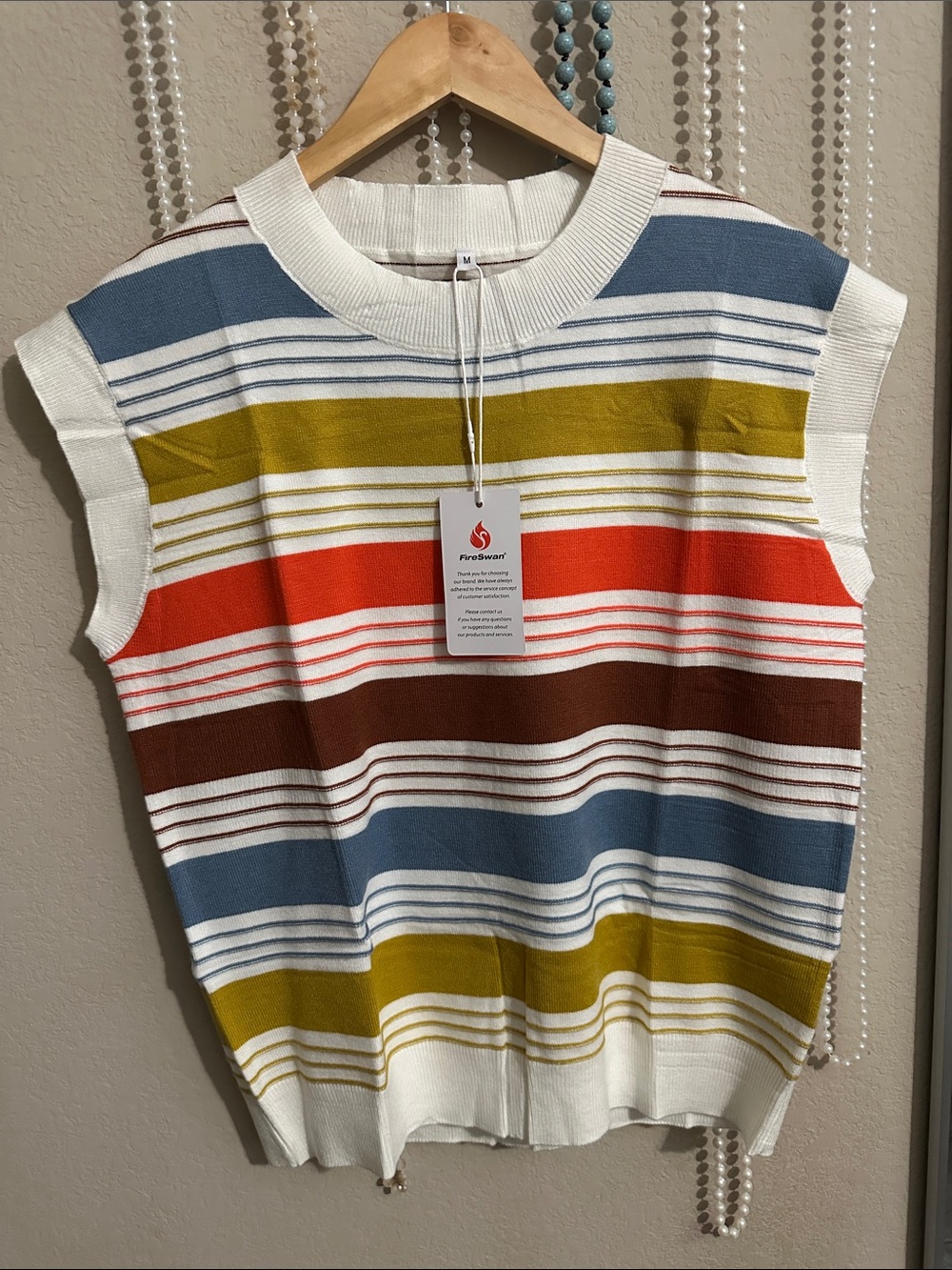Sleeveless Striped Knit Top - White with Blue, Mustard, Red & Brown Stripes